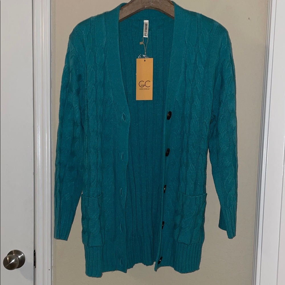 NWT Women's Teal Cable Knit Cardigan Sweater by Grecerelle